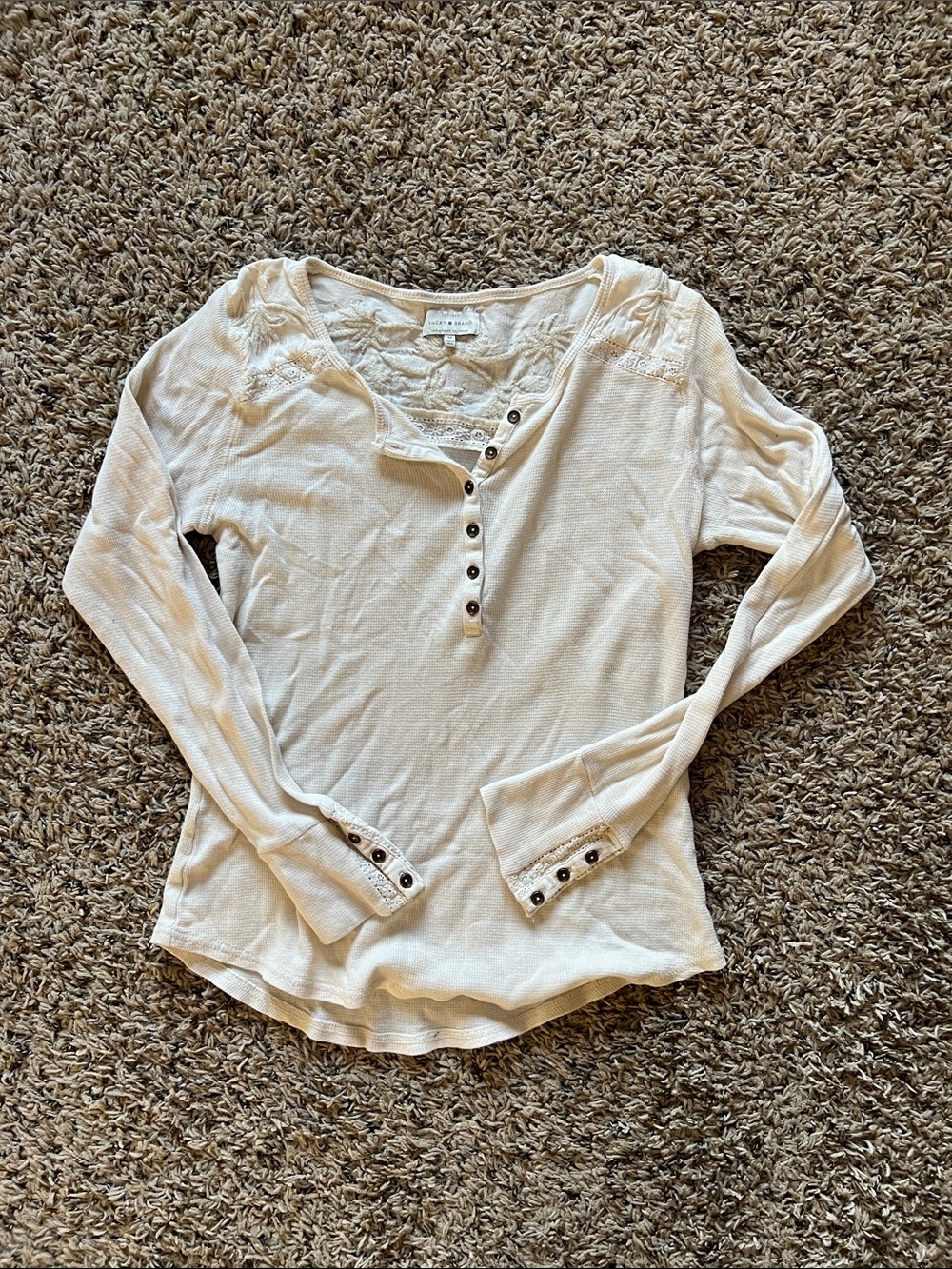 Lucky Brand Cream Lace-Accent Henley Long Sleeve Top